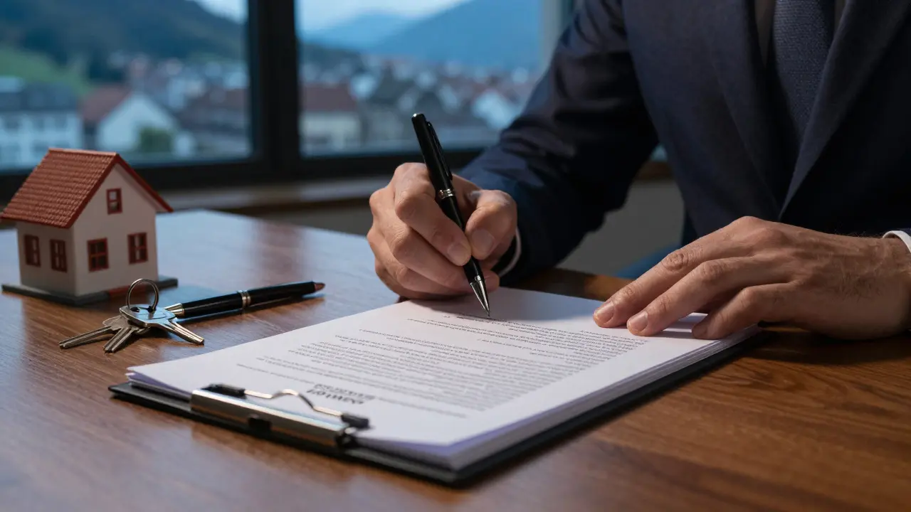 Hands signing a legal contract next to house keys and a model home on a desk