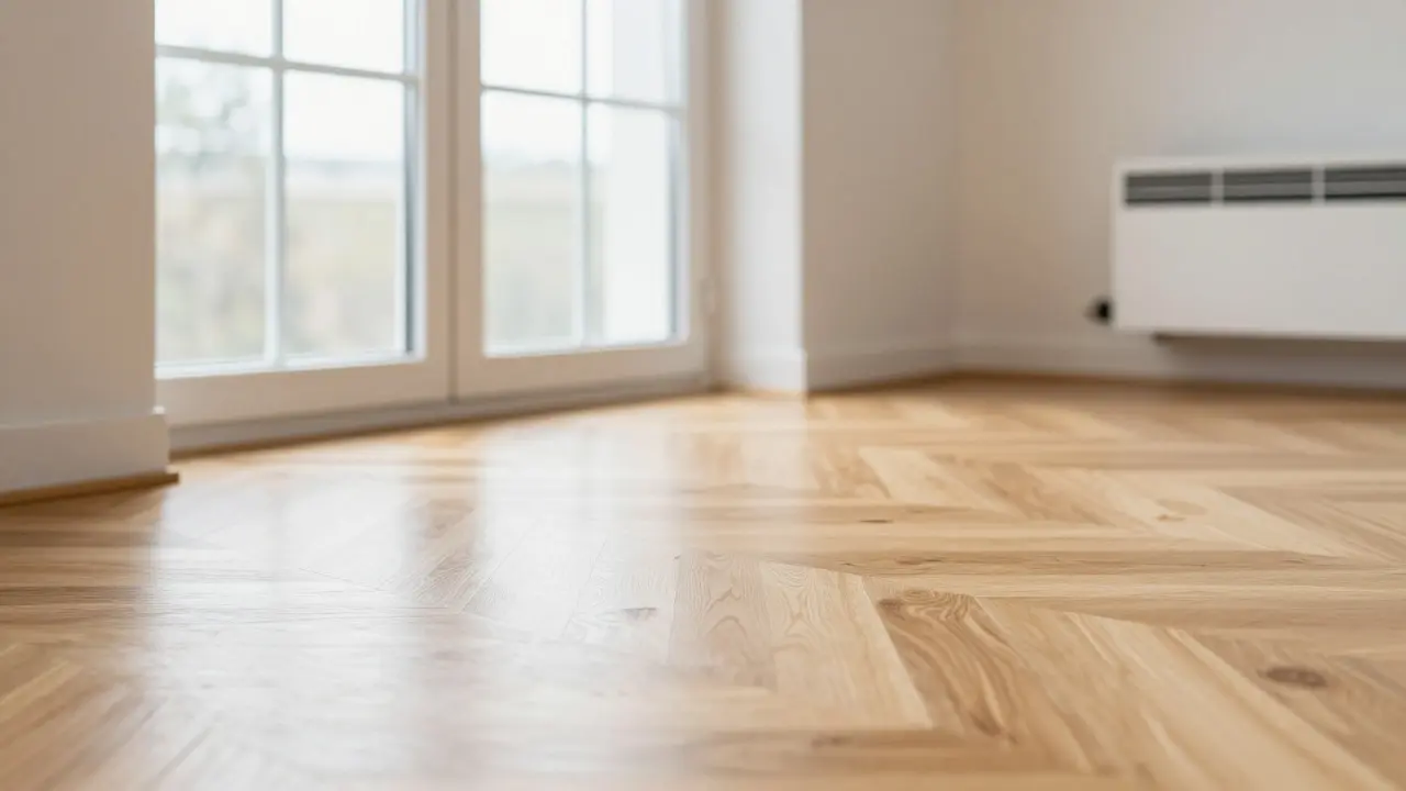 Helle Wohnraum-Dekoration mit neuem Parkettboden und großen Energieeffizienzfenstern