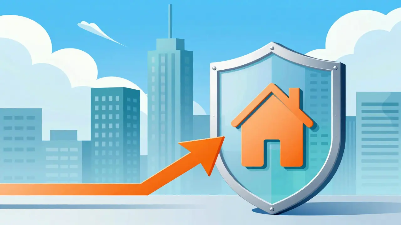 Illustration of a city skyline with a shield protecting a house from a rising arrow