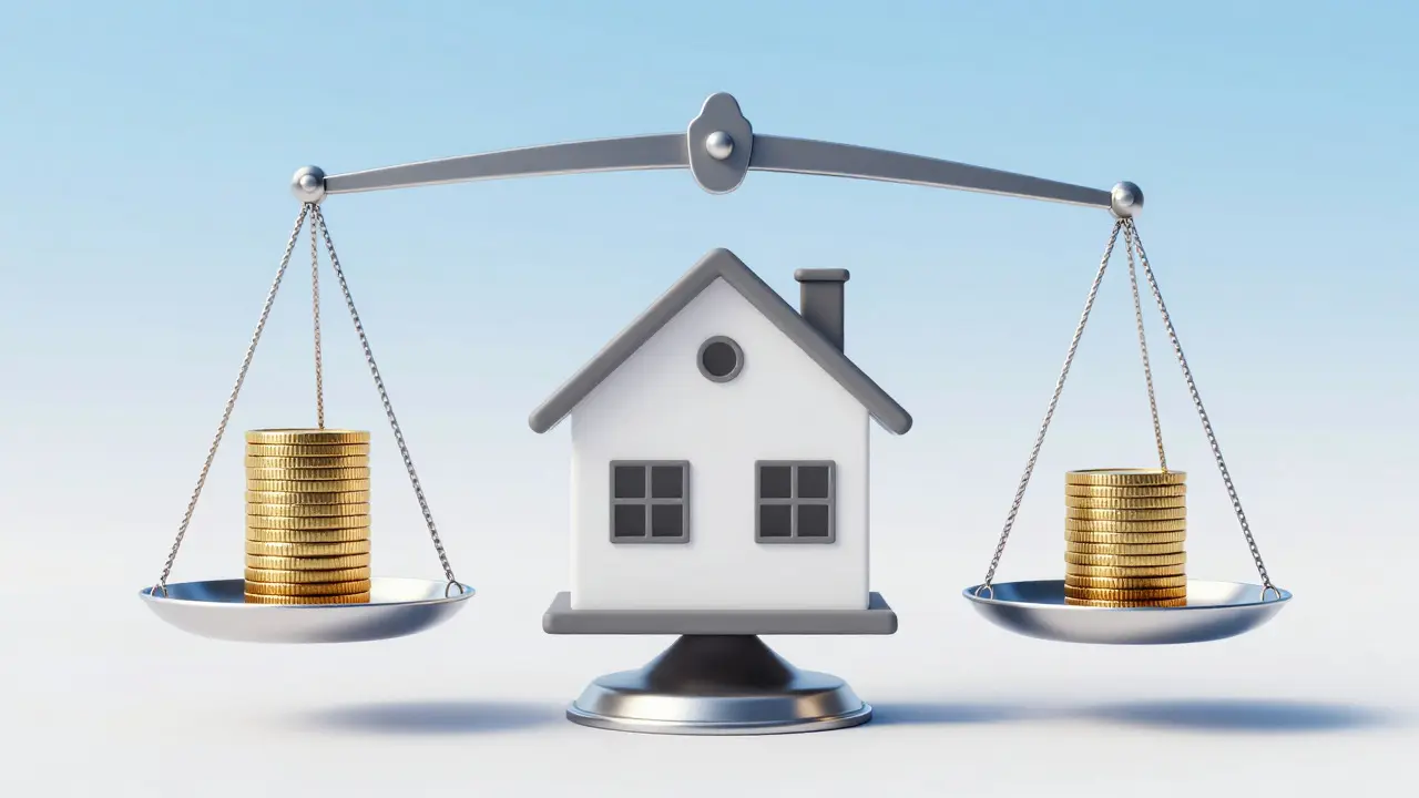 Illustration of a house on a scale showing equal coin stacks for seller and buyer