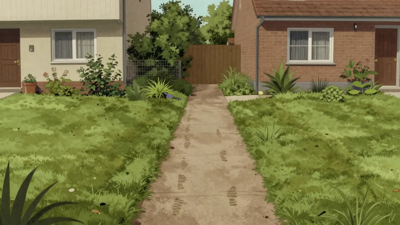 Illustration of a path crossing a garden between two houses