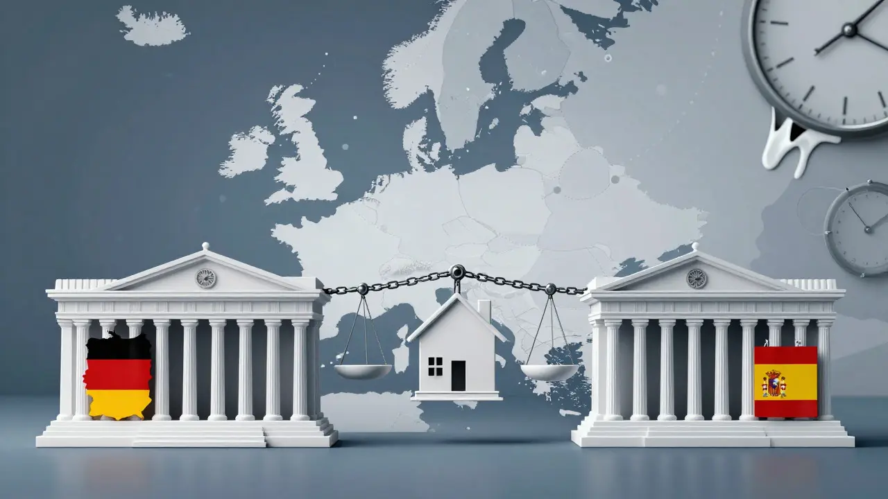 Illustration zweier Gebäude, die ein Haus durch Steuern belasten