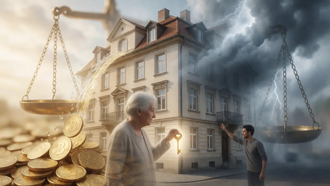 Konzeptbild: Goldene Münzen und Wolken um ein Wohnhaus als Symbol für Mieteinnahmen und Pflichten.