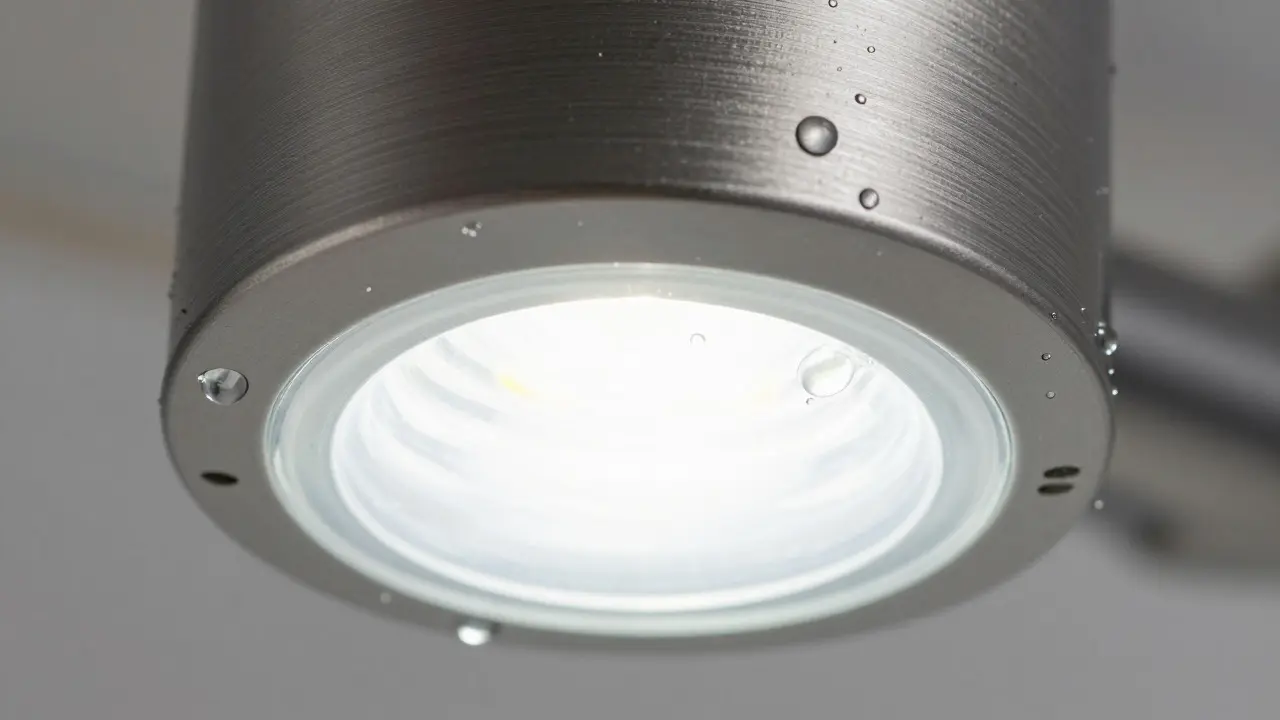 Nahaufnahme einer wassergeschützten LED-Badlaterne mit Wassertropfen