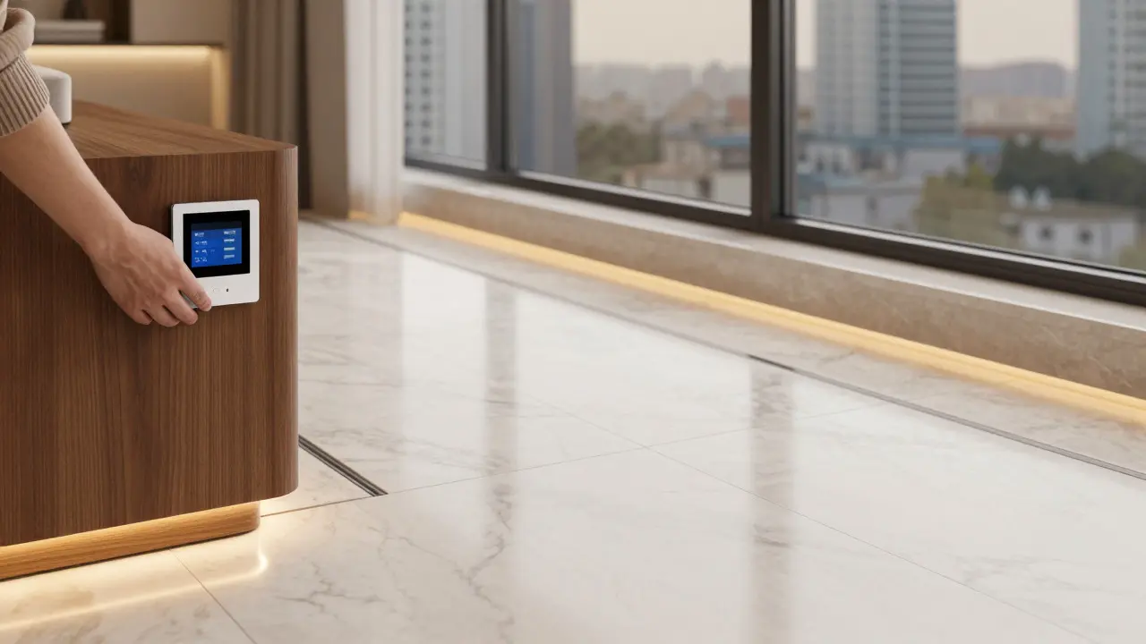 Nahaufnahme von Fußbodenheizung und integrierter Steuerung in einem modernen Luxusapartment