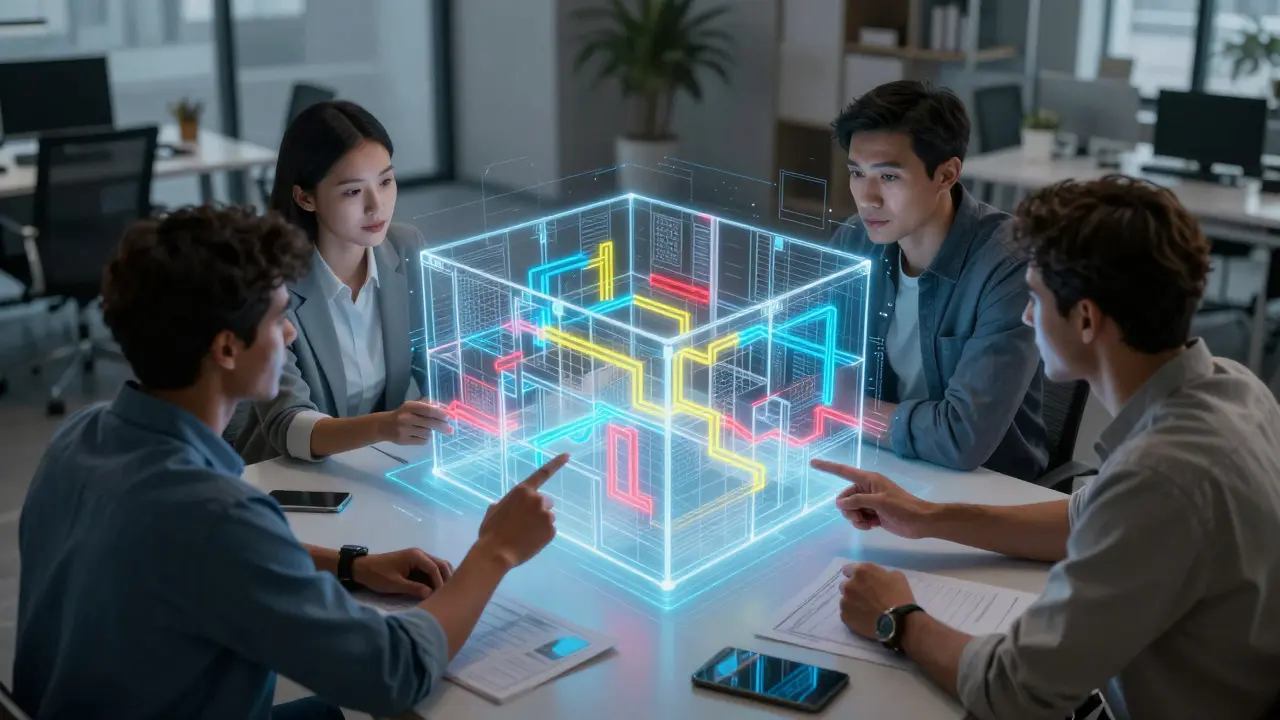 Professionals collaborating on a 3D holographic building model