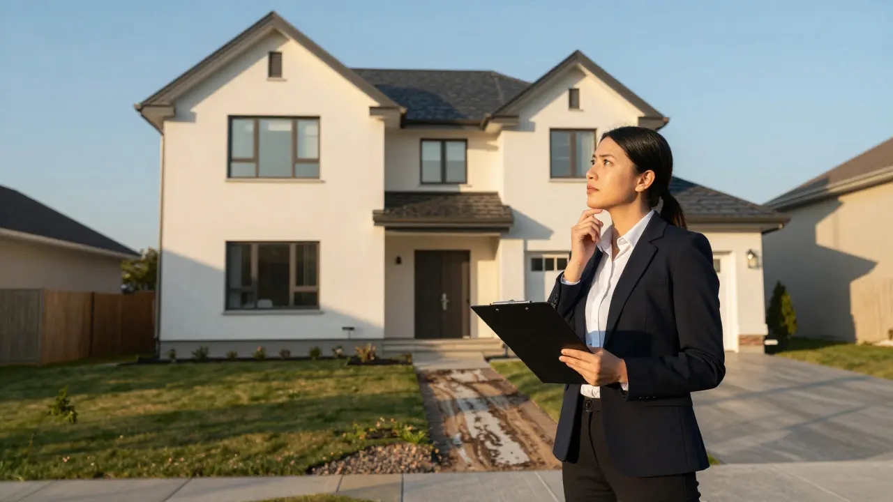 Real estate agent assessing a house with a side path