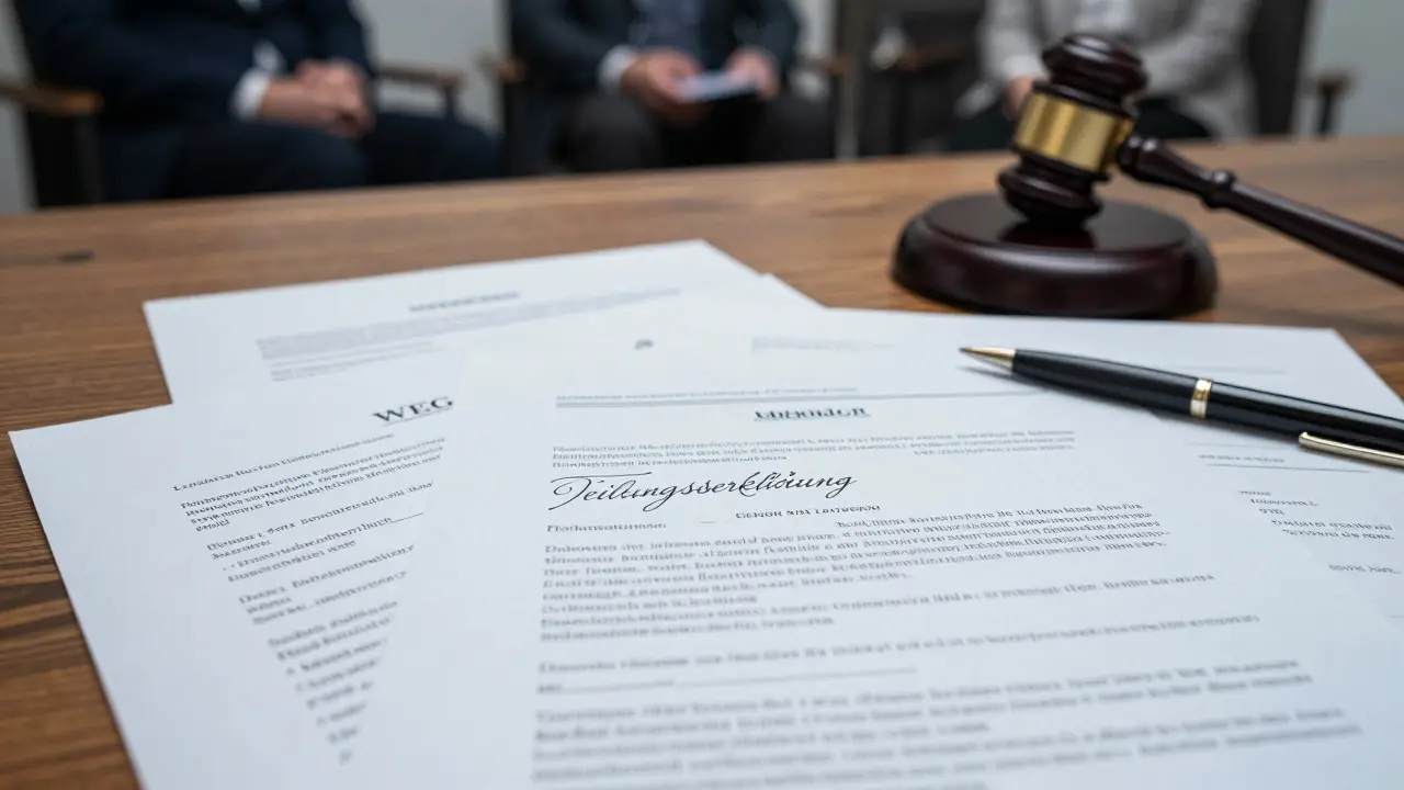 Rechtsdokumente zum Wohnungseigentumsgesetz auf einem Tisch