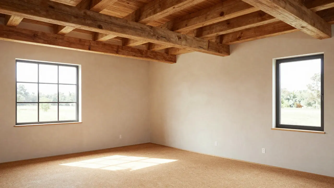 Renoviertes Wohnzimmer mit Altholzbalken und atmungsaktivem Kalkputz.