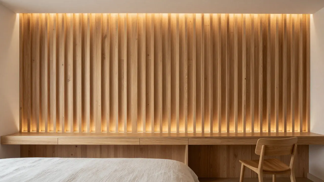 Schlafzimmer mit vertikalen Holzpaneelen und indirekter Beleuchtung