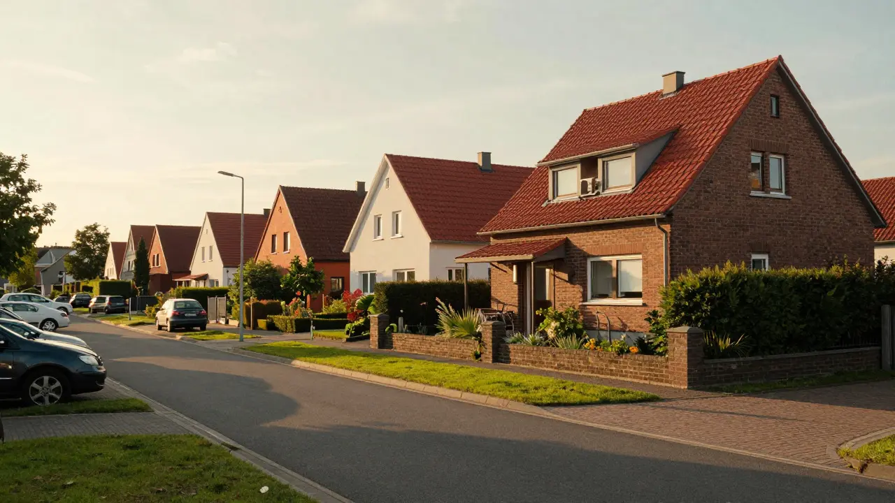 Suburban street with single-family homes bathed in golden afternoon light
