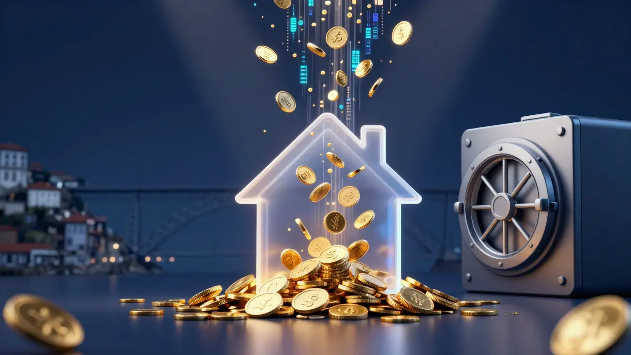 Surreal illustration of a house transforming into gold coins and data streams