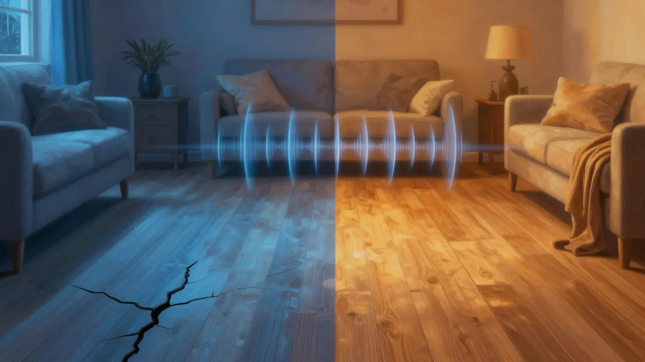 Vergleich von kaltem und gut gedämmtem Boden in einem Wohnzimmer