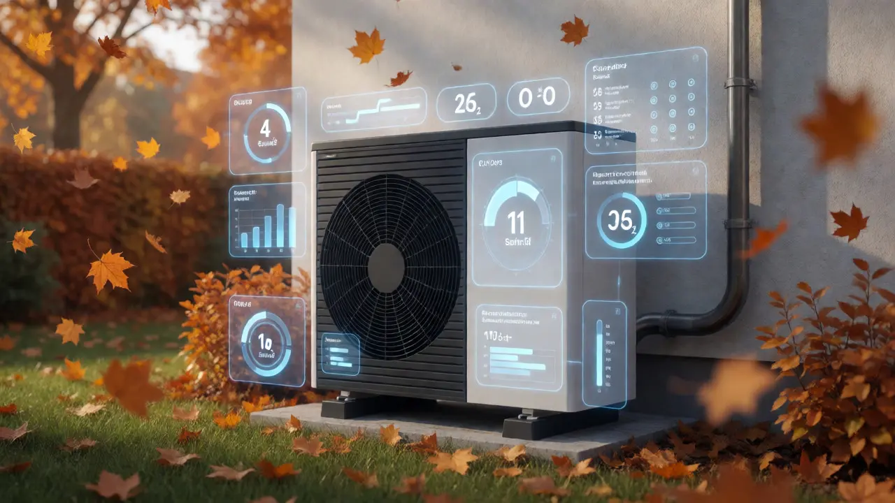 Moderne Wärmepumpe im Herbst mit digitalen Effizienzdaten