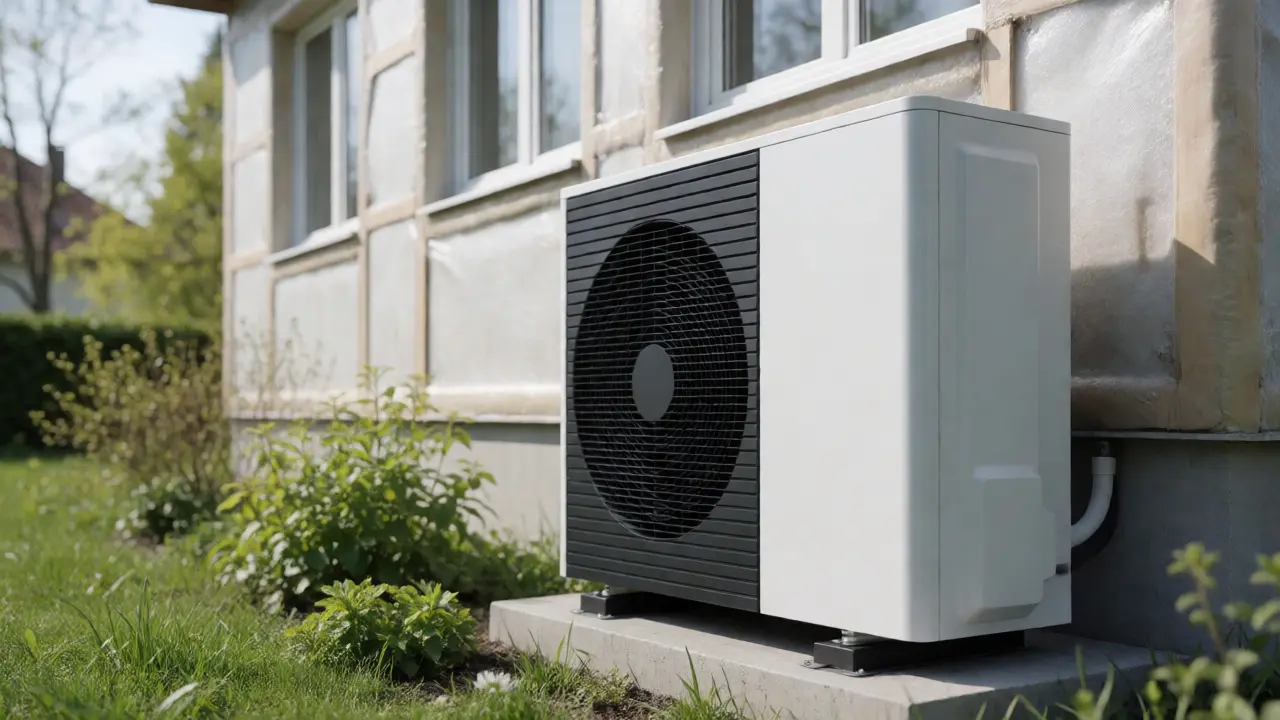 Moderne Wärmepumpe neben renoviertem Haus