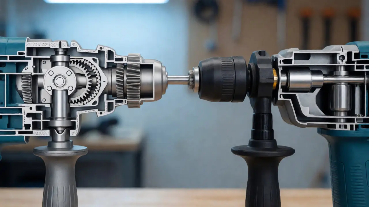 Technical cross-section comparing mechanical ratchet vs. pneumatic piston mechanisms.