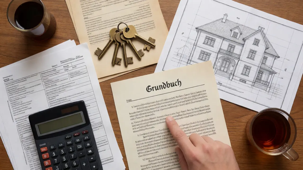 Tisch mit Schlüsseln, Steuerdokumenten und Grundriss