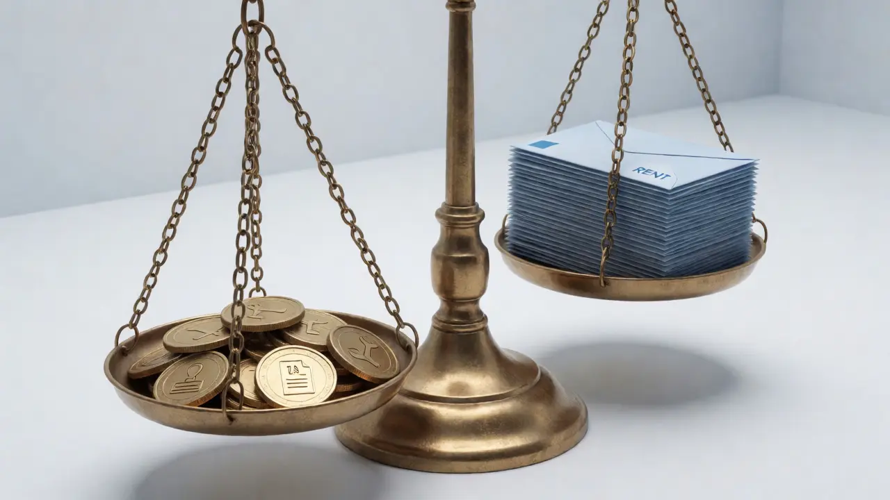 Waage symbolisiert Kaufkosten vs. Miete