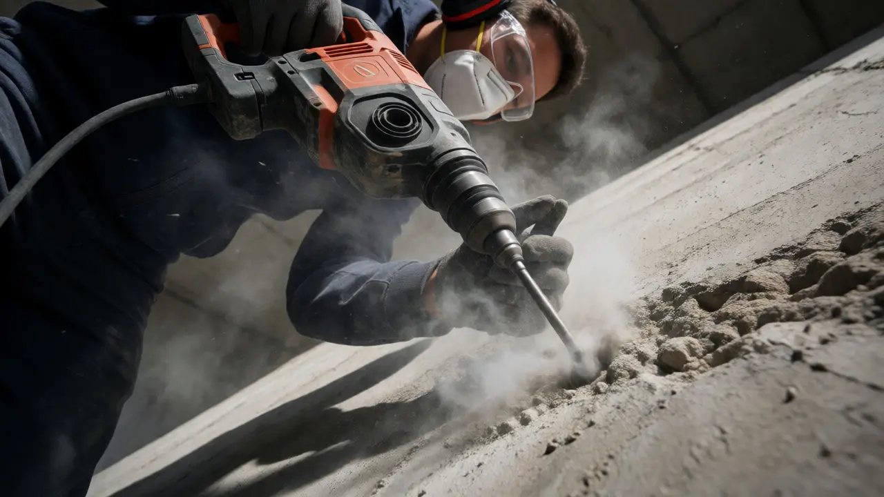 Worker in safety gear using a powerful rotary hammer on reinforced concrete.